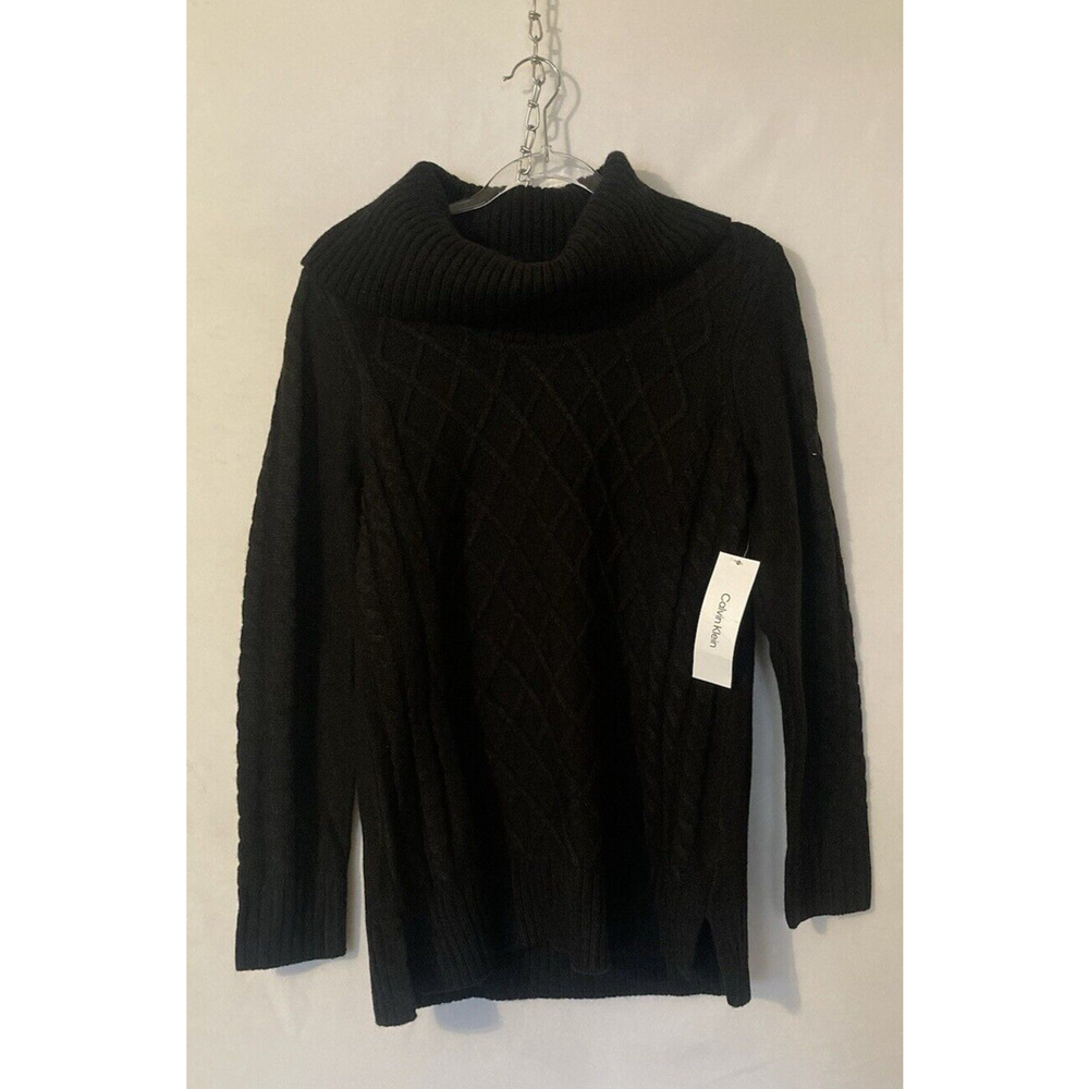 CALVIN KLEIN Women's Cable Knit Cowl Turtleneck Sweater Black Size Medium NWT